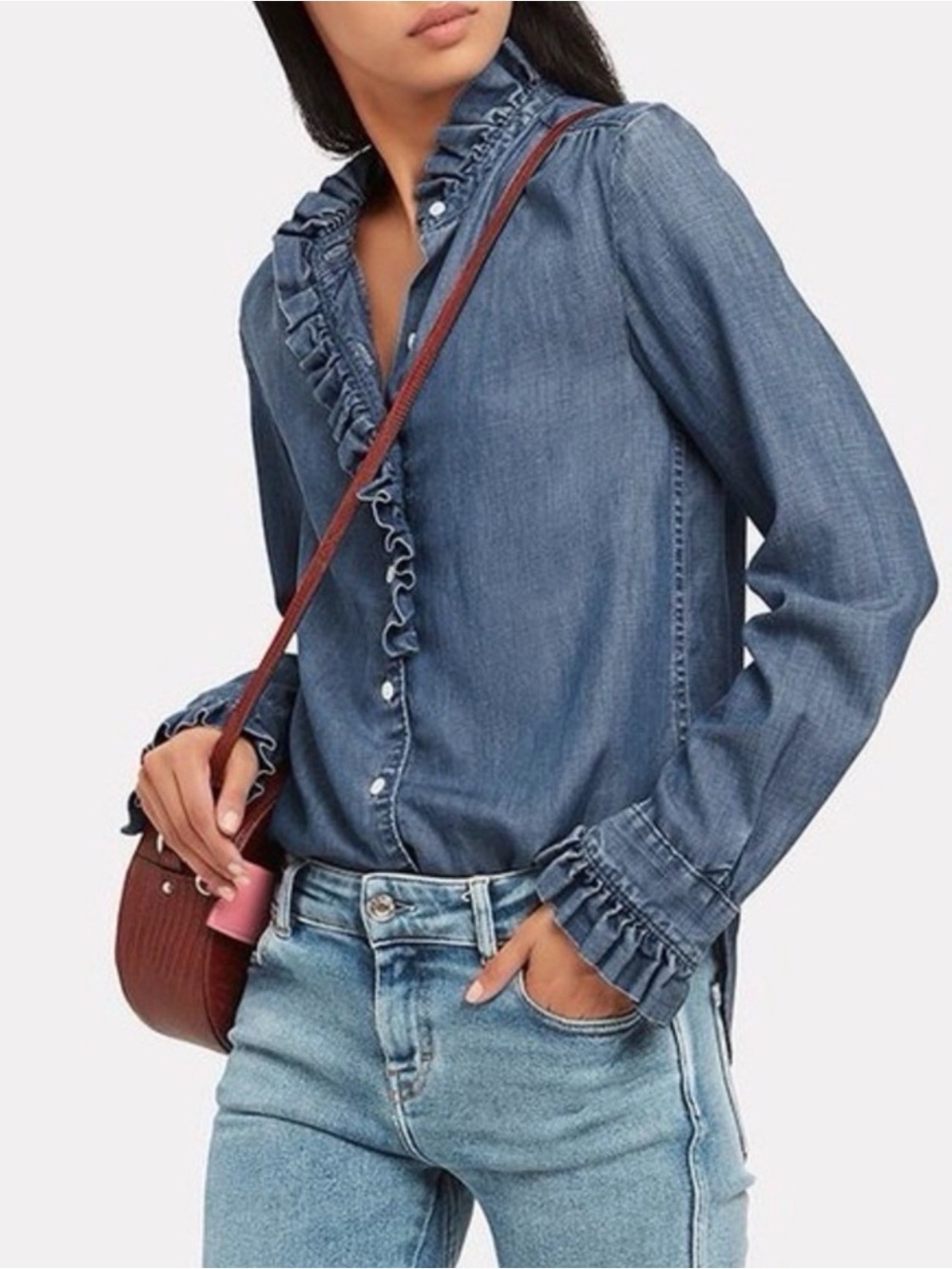 Frame Denim Ruffle-Trim Chambray Button-Down Shirt in Blue